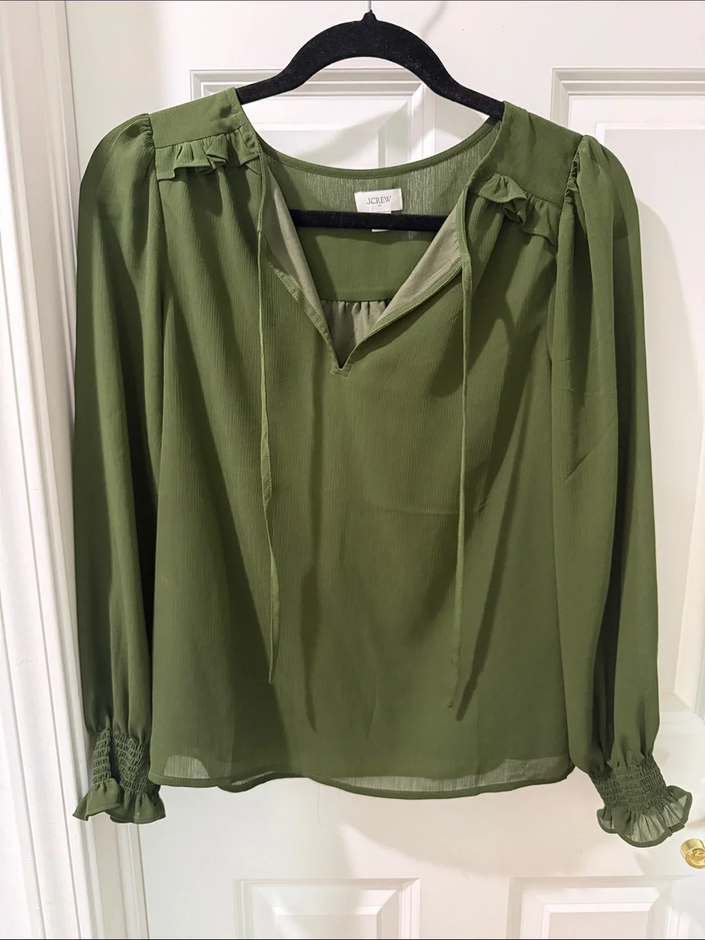 J. Crew Olive Green Tie-Neck Ruffle Blouse
